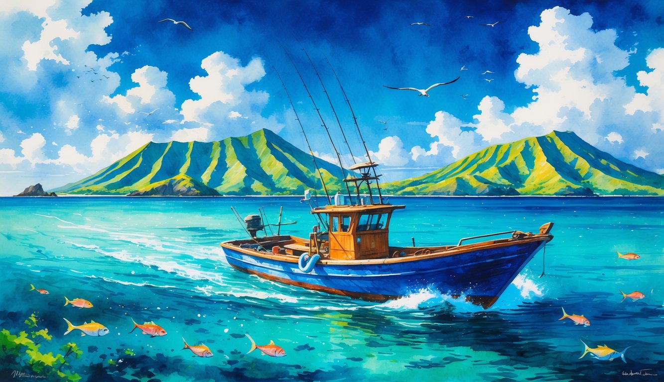 A fishing boat on clear blue ocean waters near green Hawaiian islands under a bright sky with seabirds flying overhead.