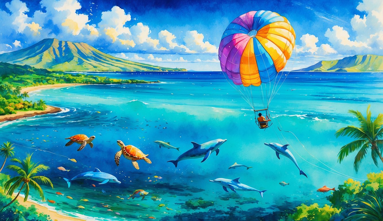 A person parasailing above clear blue ocean waters near a tropical Hawaiian coastline with palm trees, mountains, sea turtles, dolphins, and colorful fish visible in the water.