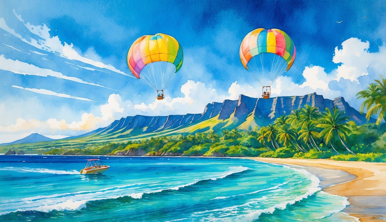 A coastal scene with two parasails flying over the ocean near a sandy beach lined with palm trees and volcanic mountains in the background.