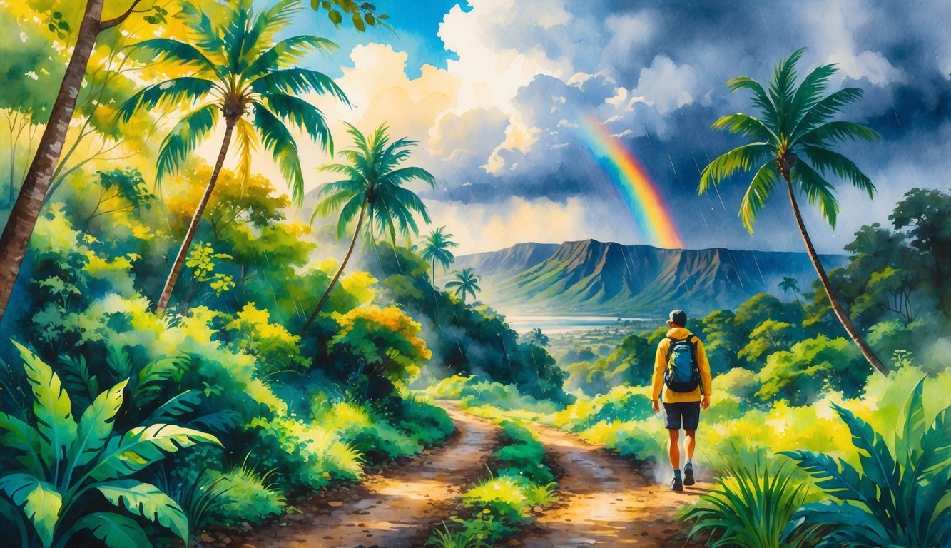 A hiker walks along a tropical forest trail in Hawaii with sunlight on one side and rain clouds and mist on the other, surrounded by palm trees and mountains in the background.
