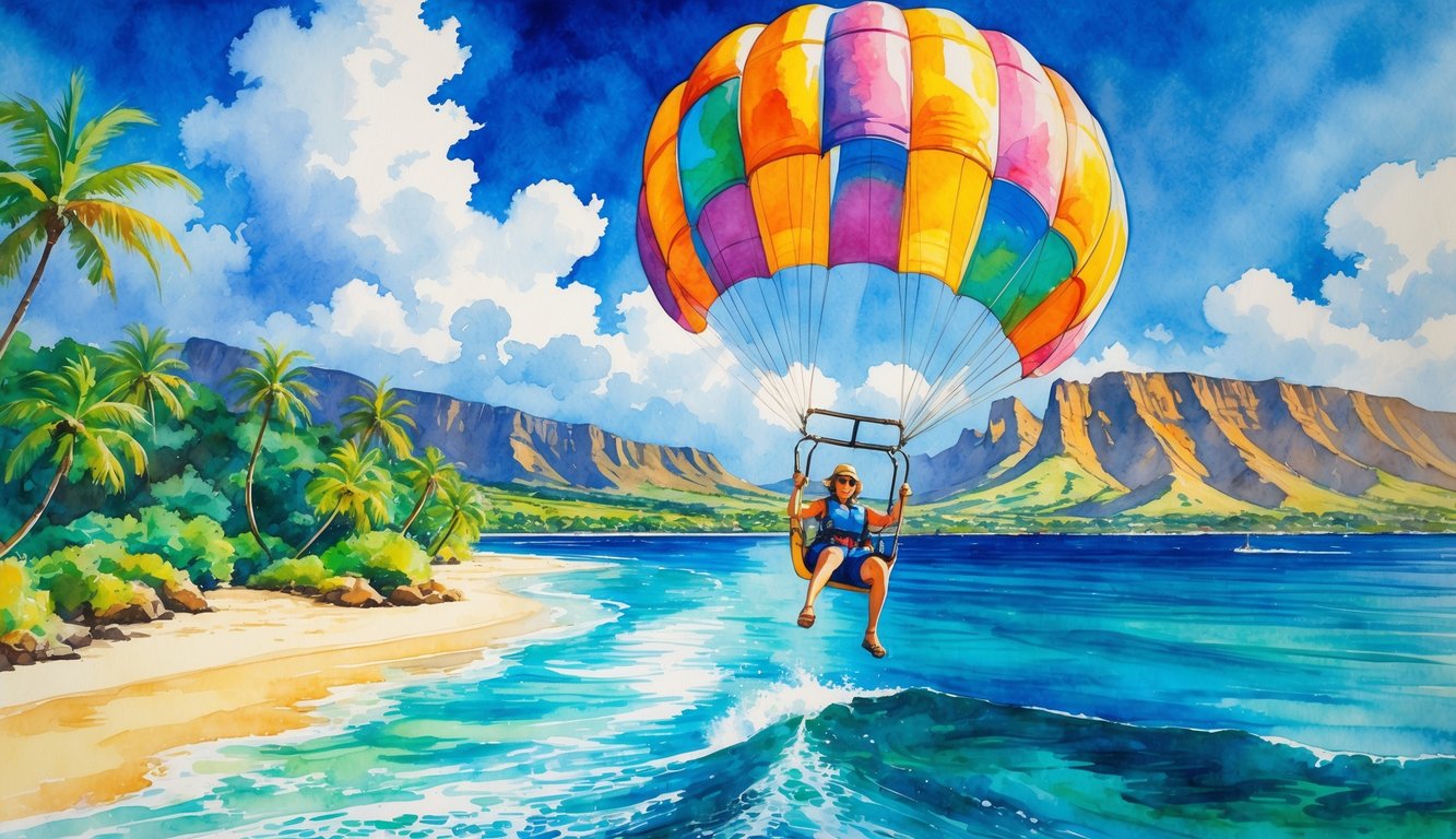 A person parasailing over clear blue ocean near a sandy beach with palm trees and mountains in the background.