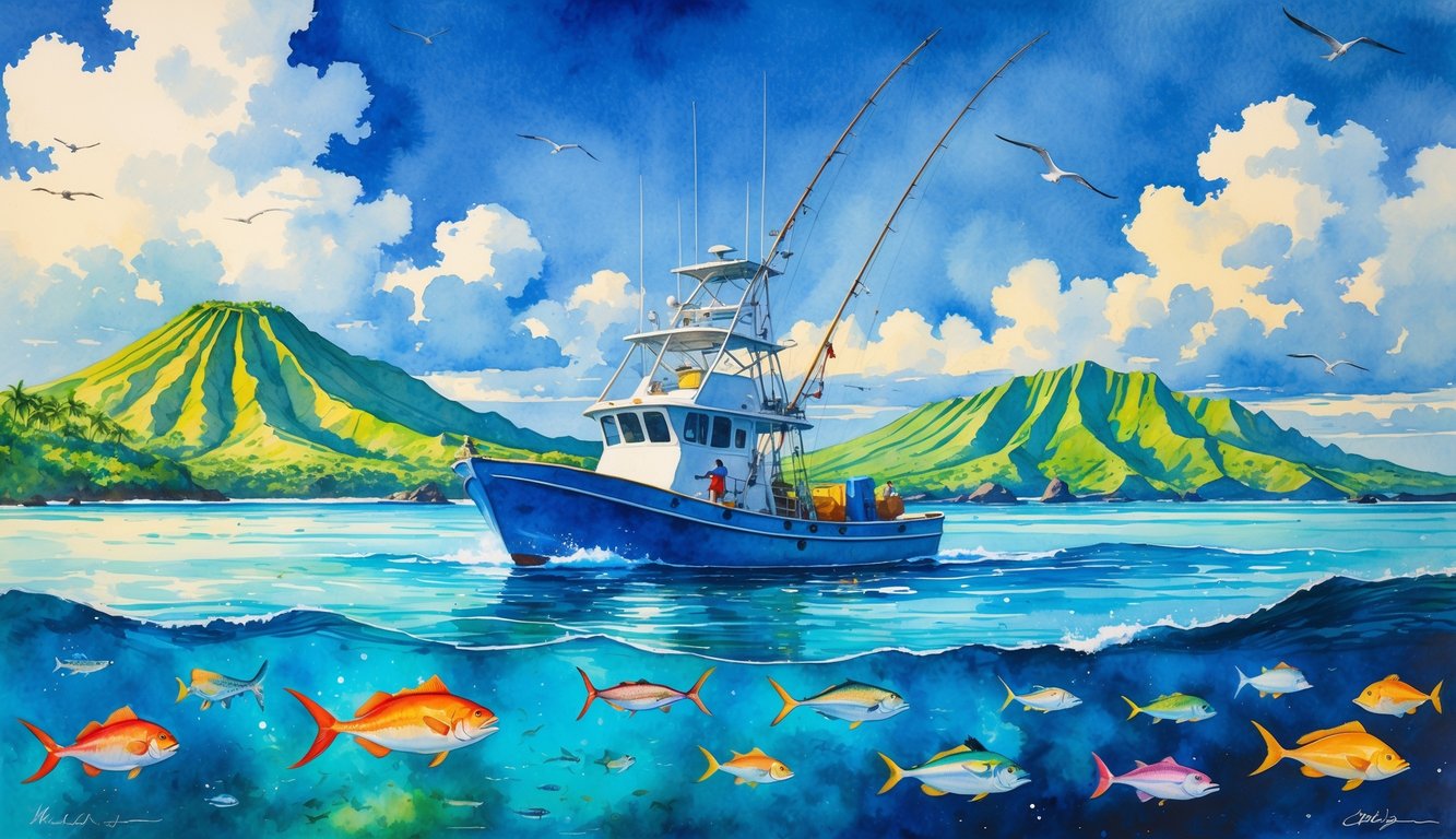 A fishing boat on clear blue ocean waters near green volcanic islands with tropical fish swimming nearby and seabirds flying overhead.