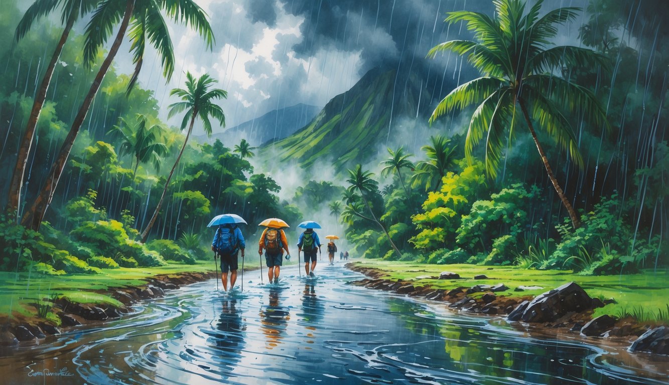 A group of hikers walking on a muddy trail through a dense tropical forest with heavy rain and flowing water, mountains and dark clouds in the background.