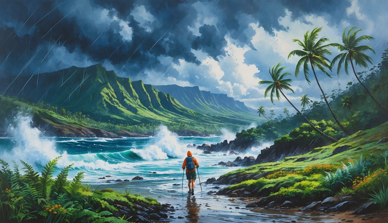 A hiker wearing rain gear walks along a muddy trail in a tropical mountainous area with strong winds, heavy rain, dark clouds, and crashing ocean waves.