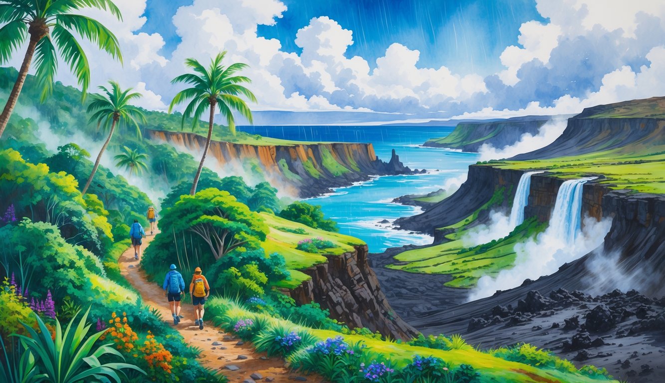 A landscape showing hikers walking through lush green forests, volcanic rocks, waterfalls, and ocean views under changing weather conditions with rain, clouds, and sunlight.