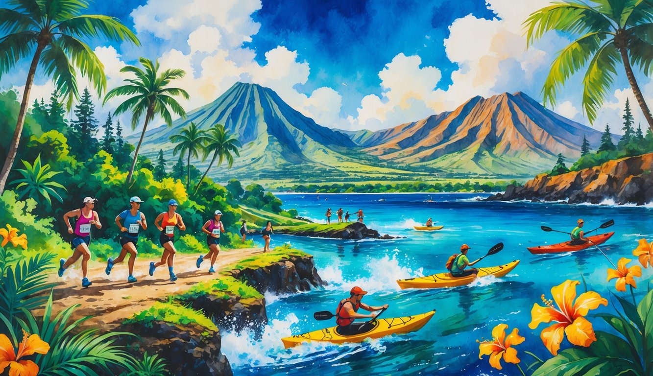 Athletes running, biking, and kayaking in a tropical Hawaiian landscape with mountains, palm trees, and ocean.