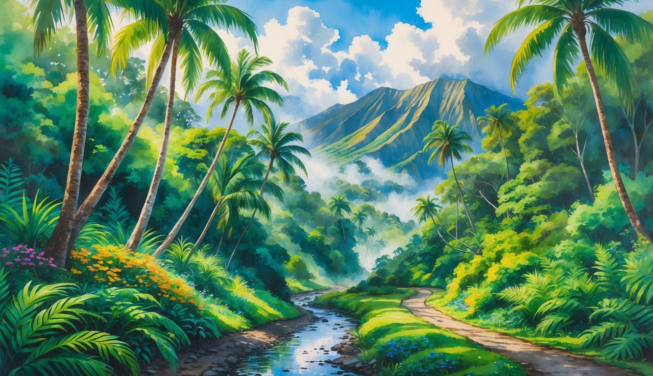 A hiking trail through a dense tropical forest with palm trees, colorful flowers, mountains in the background, and a partly cloudy sky with sunlight and mist.