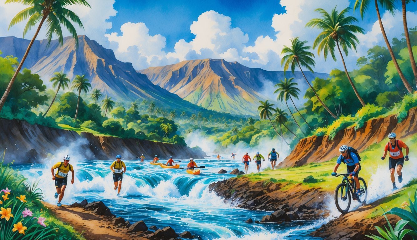 Athletes running, mountain biking, and kayaking through a tropical Hawaiian landscape with palm trees, mountains, and a river.