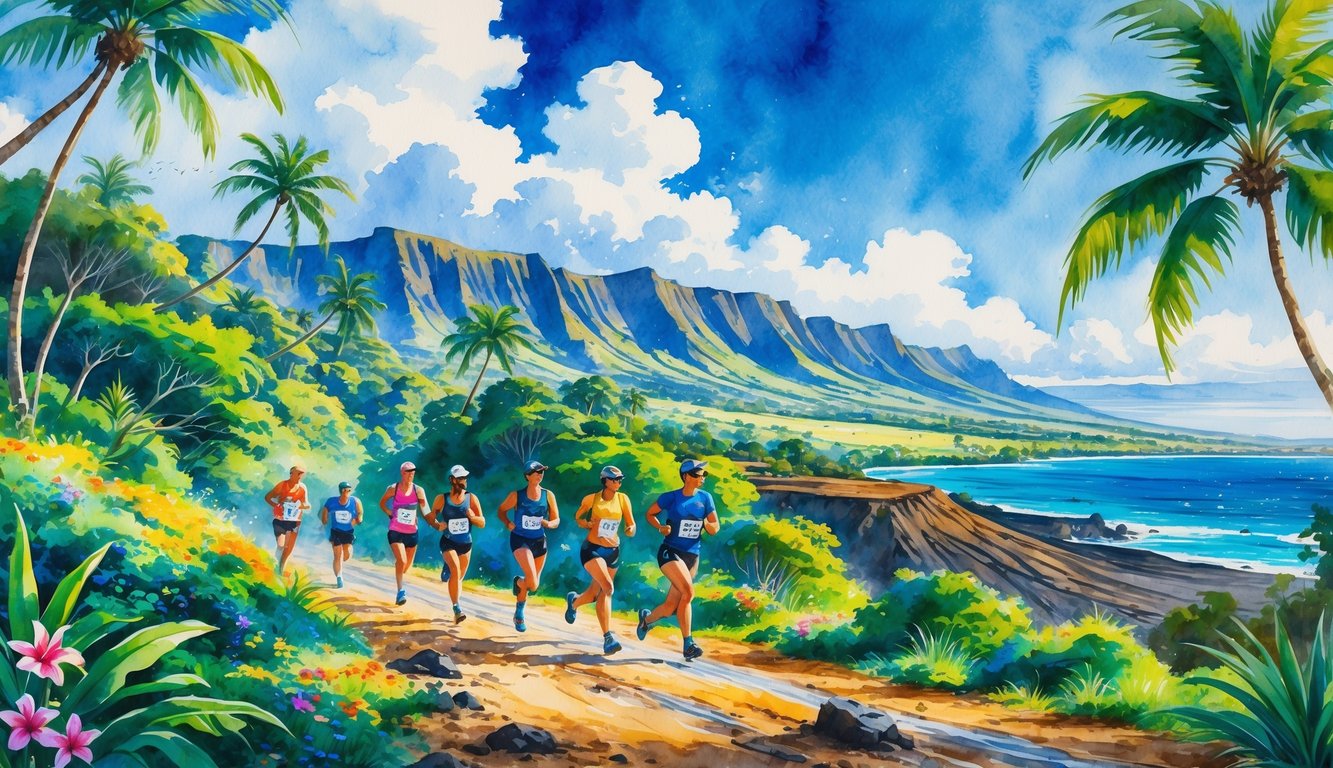 A group of athletes running on a trail through a tropical Hawaiian landscape with mountains, palm trees, and ocean in the background.