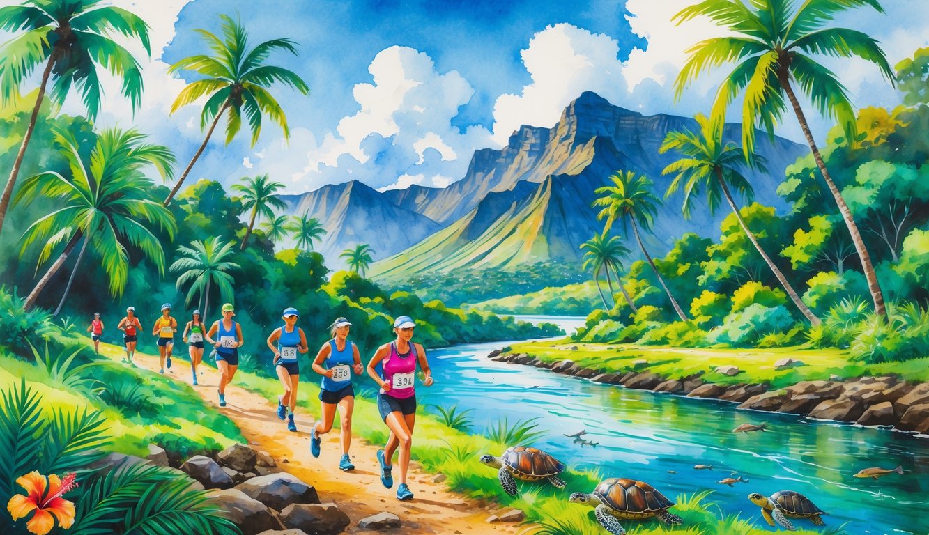 Athletes running and biking on a tropical trail with palm trees, mountains, a river, and native wildlife in a lush Hawaiian landscape.