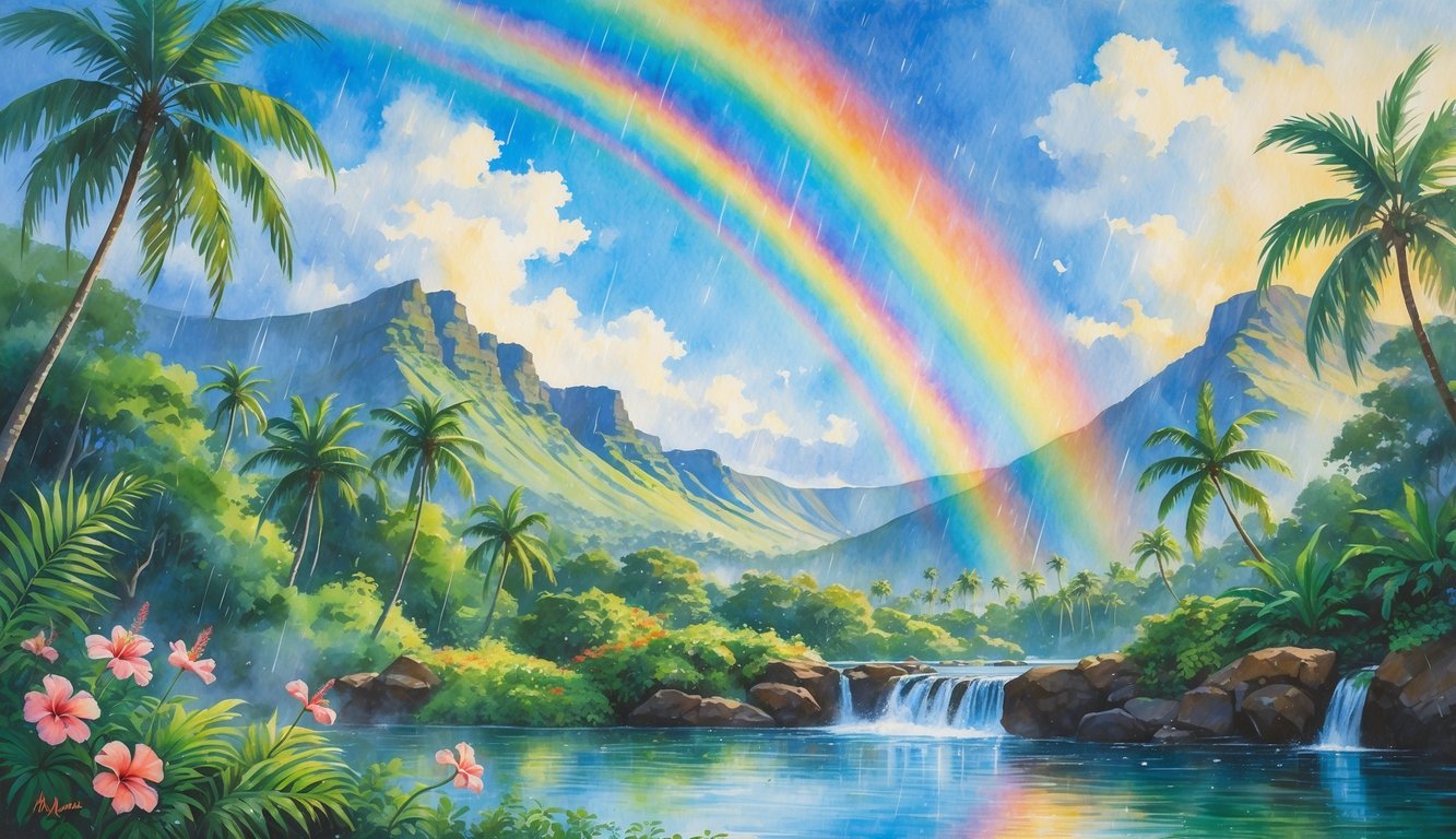 A tropical Hawaiian landscape with green palm trees, mountains, a waterfall, and a rainbow stretching across the sky.