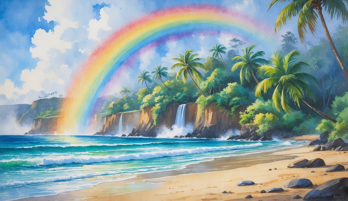 A colorful rainbow arches over a tropical Hawaiian beach with palm trees, flowers, waterfalls, and volcanic cliffs under a partly cloudy sky.