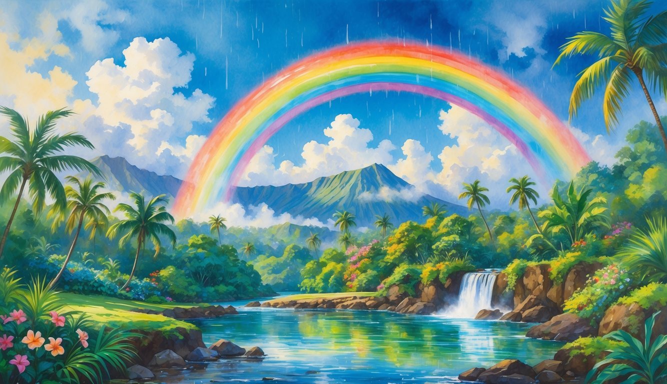 A Hawaiian landscape with a rainbow arching over tropical trees, mountains, and a waterfall after a rain shower.