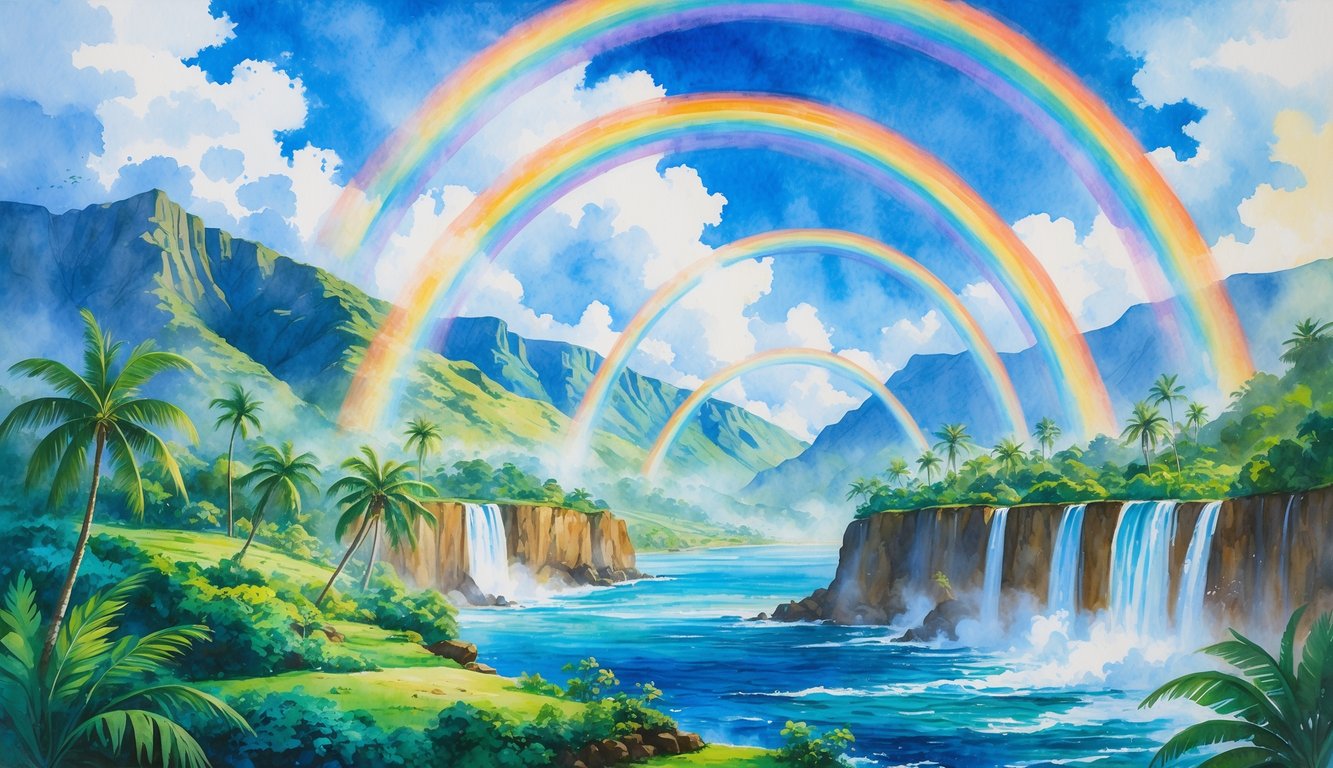 A peaceful Hawaiian landscape with lush green mountains, palm trees, waterfalls, ocean, and multiple rainbows arching across the sky.