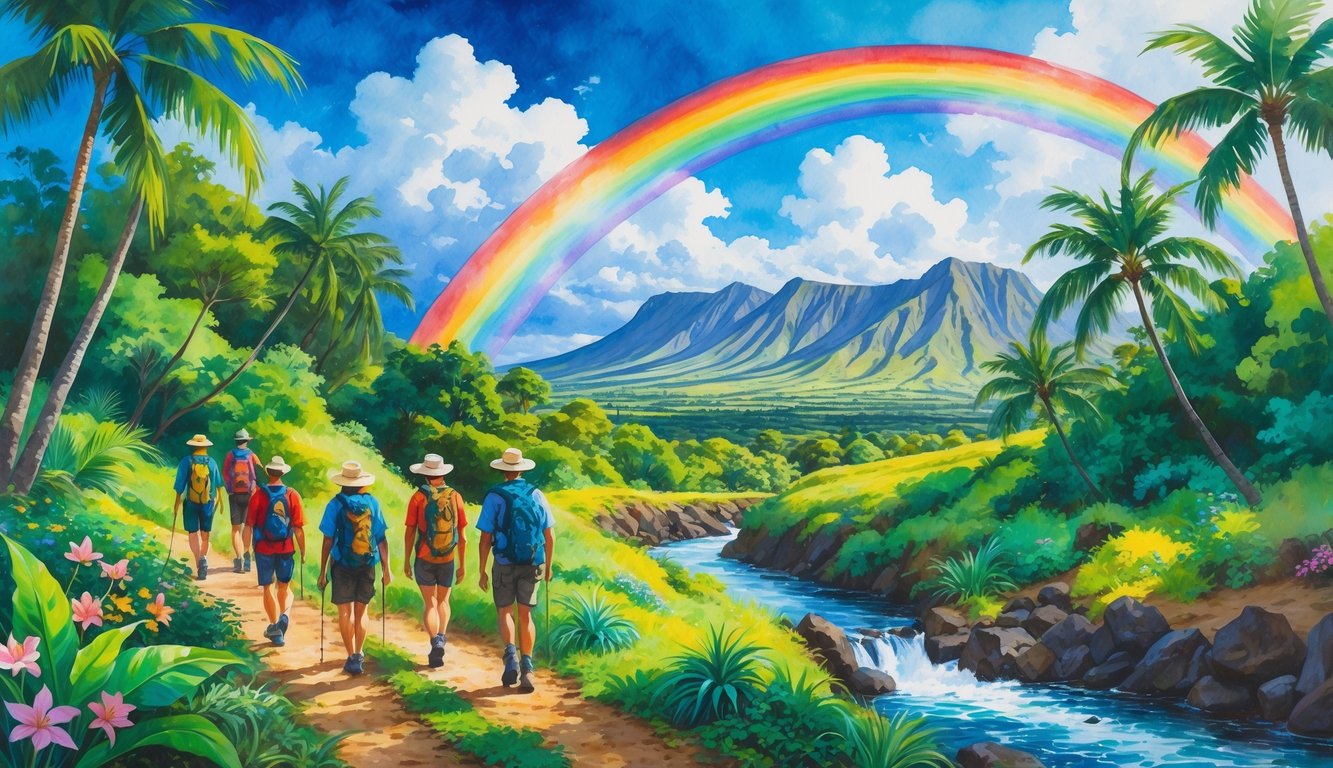Hikers walking on a trail through lush tropical forest with mountains and a large rainbow in the sky above.