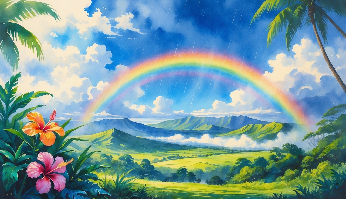 A Hawaiian landscape with tropical plants, distant mountains, and a bright rainbow arching across the sky after rain.