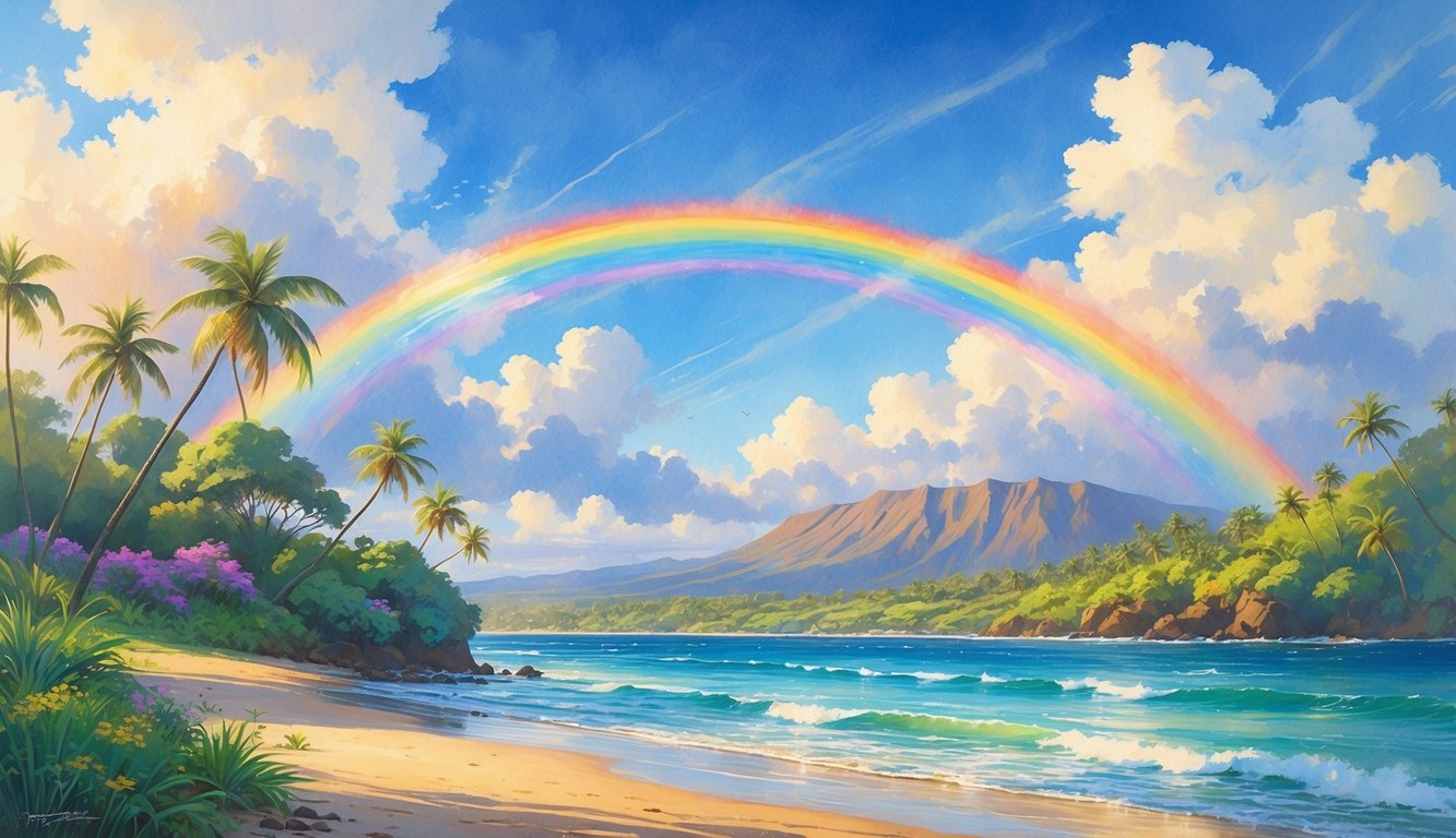 A rainbow arches over a tropical Hawaiian landscape with palm trees, a beach, and distant mountains under a partly cloudy sky.