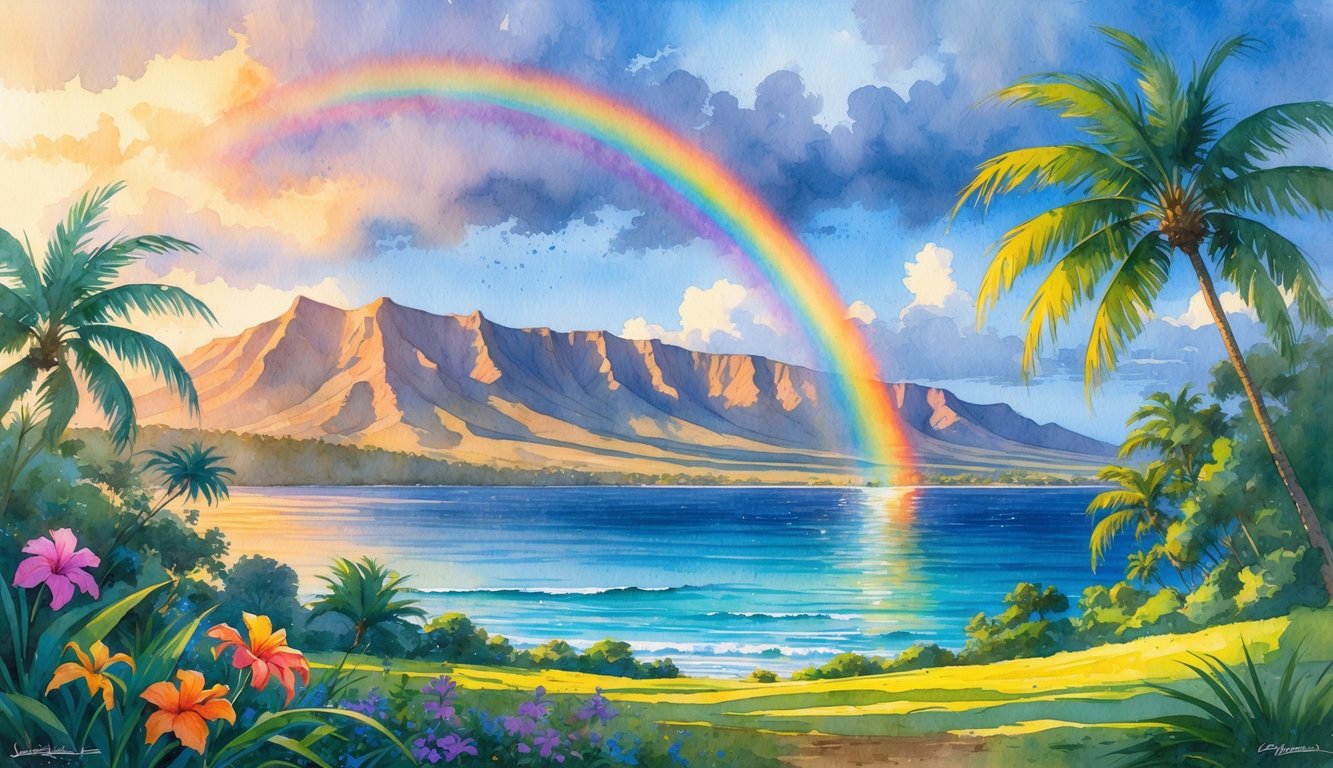 A Hawaiian landscape with palm trees, mountains, ocean, and a bright rainbow arching across the sky after a rain shower.