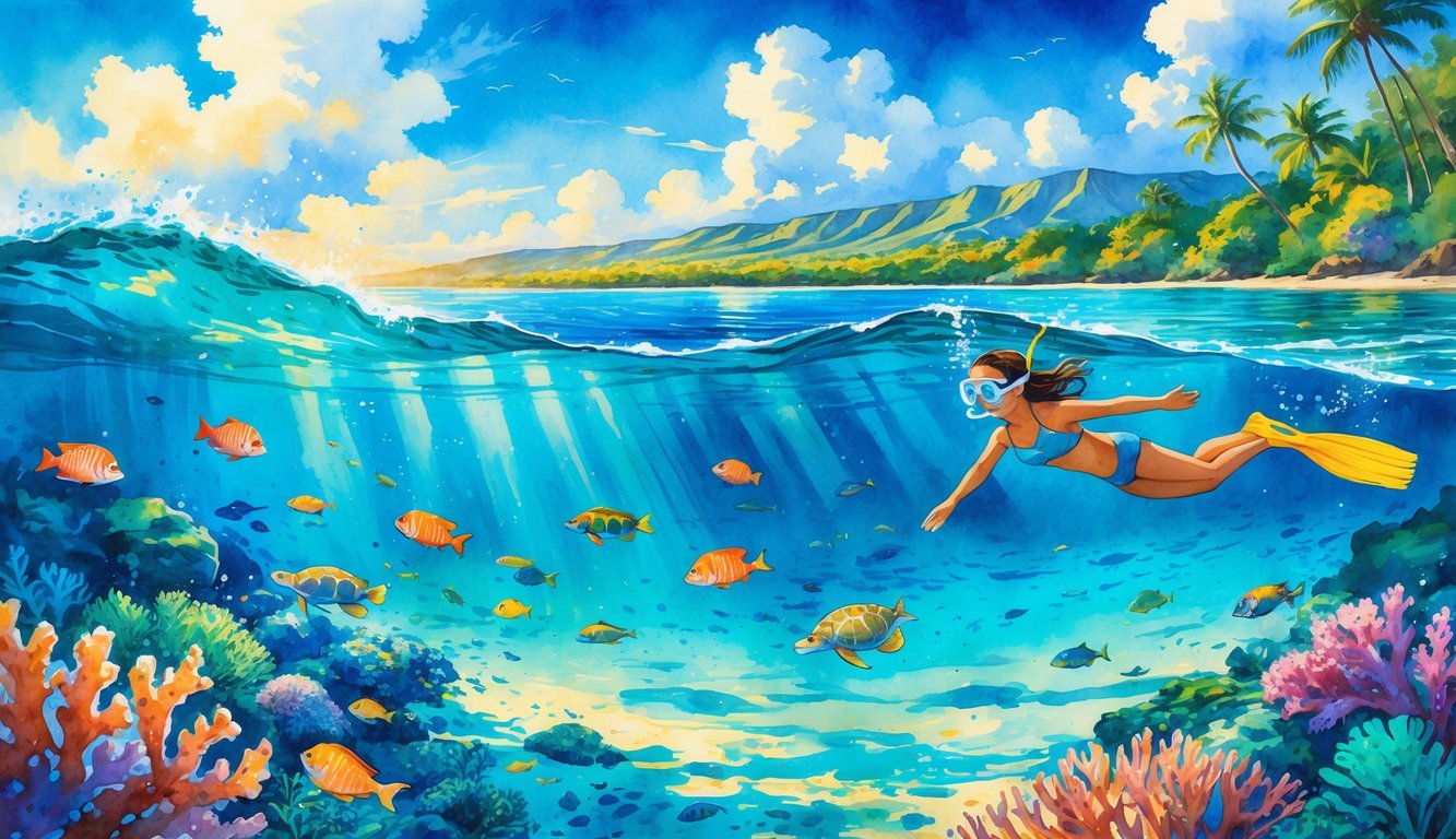 A snorkeler exploring clear blue waters with colorful coral reefs, tropical fish, sea turtles, and distant green mountains under a bright sky.