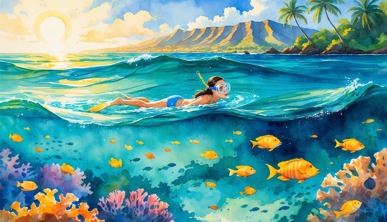 A snorkeler floating in clear blue water over colorful coral reefs with tropical fish, Hawaiian palm trees, and mountains in the background under a bright sky.