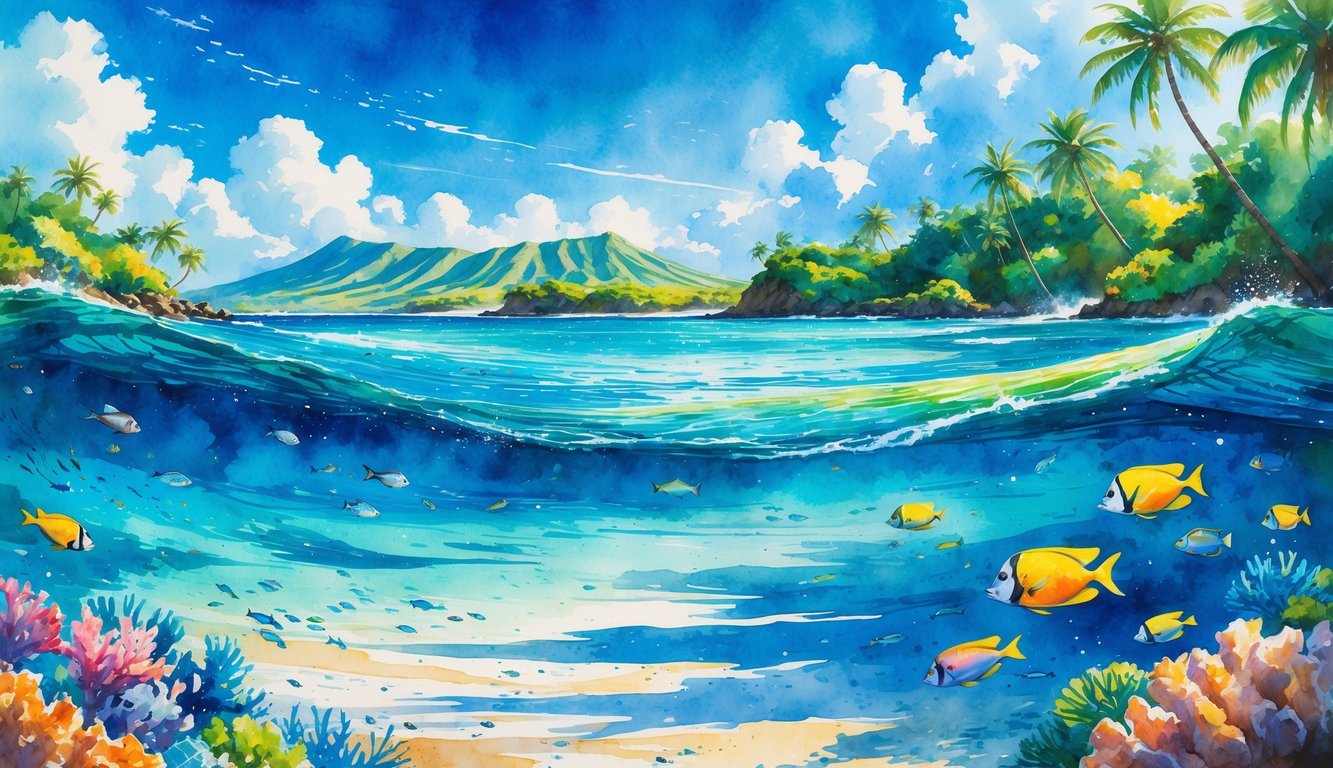 A snorkeler exploring clear turquoise waters with colorful coral reefs, tropical fish, palm trees, and volcanic mountains in the background.