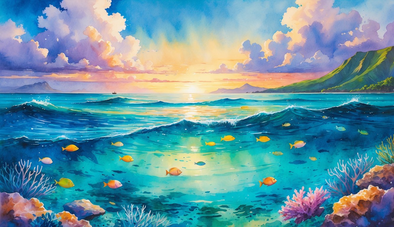 A clear ocean scene with colorful coral reefs and tropical fish, under a warm sunrise or sunset sky above distant Hawaiian islands.