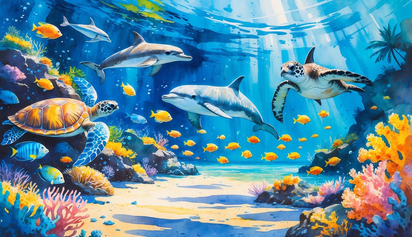 Underwater scene with colorful coral reefs, sea turtles, dolphins, tropical fish, and a manta ray swimming near a tropical shoreline with palm trees and mountains in the distance.
