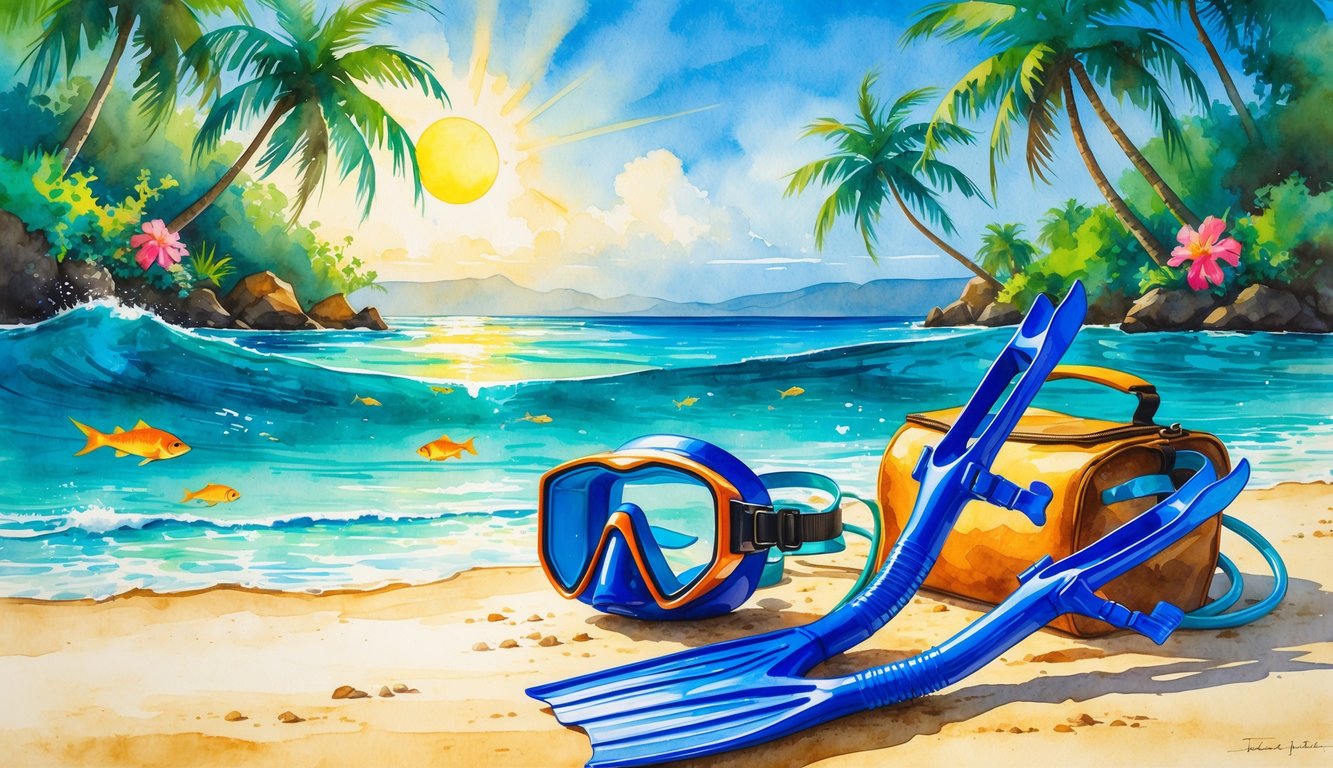 A beach scene with snorkeling gear on the sand, clear blue water with tropical fish, palm trees, and a bright sunny sky.