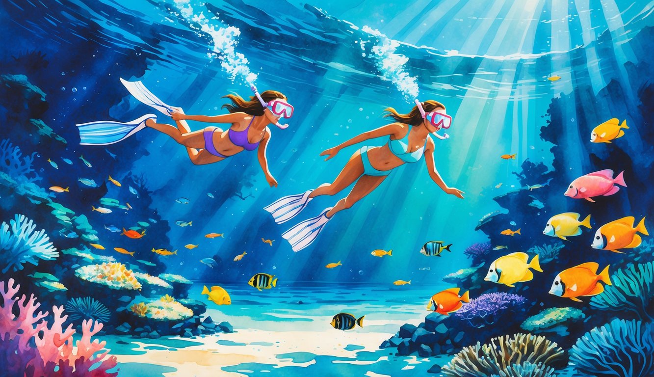 Two snorkelers exploring colorful coral reefs and tropical fish underwater near a Hawaiian island coastline.