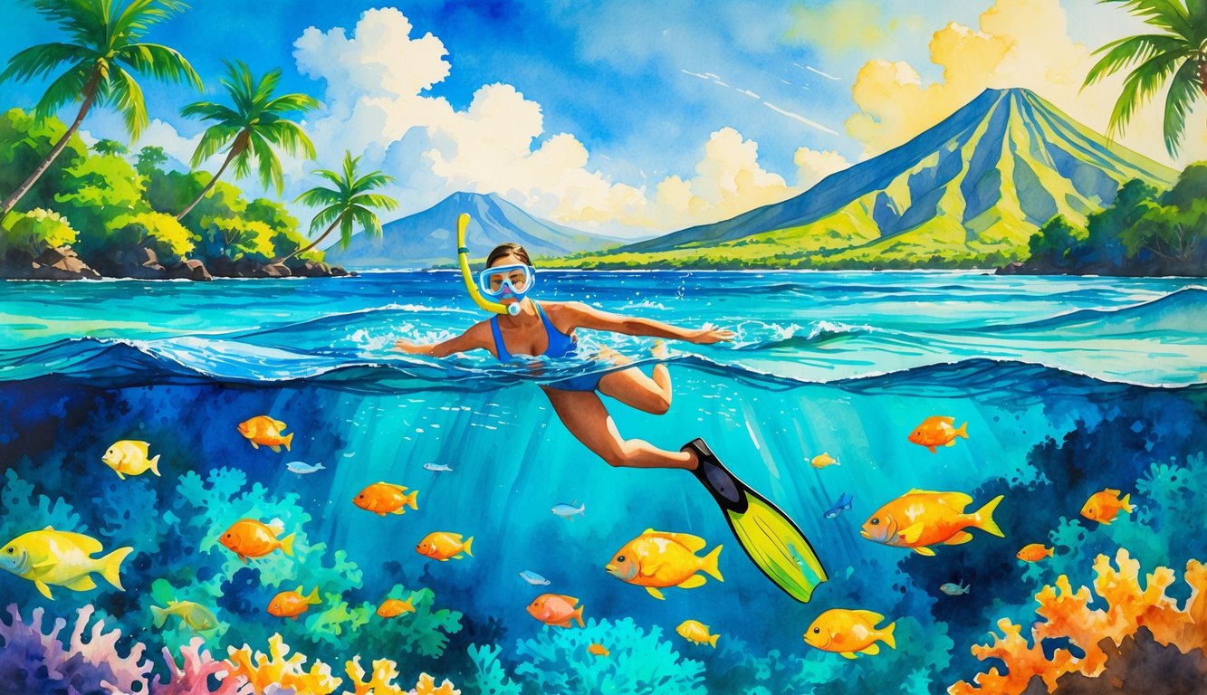 A snorkeler swimming over colorful coral reefs in clear blue water near a tropical island with palm trees and mountains in the background.