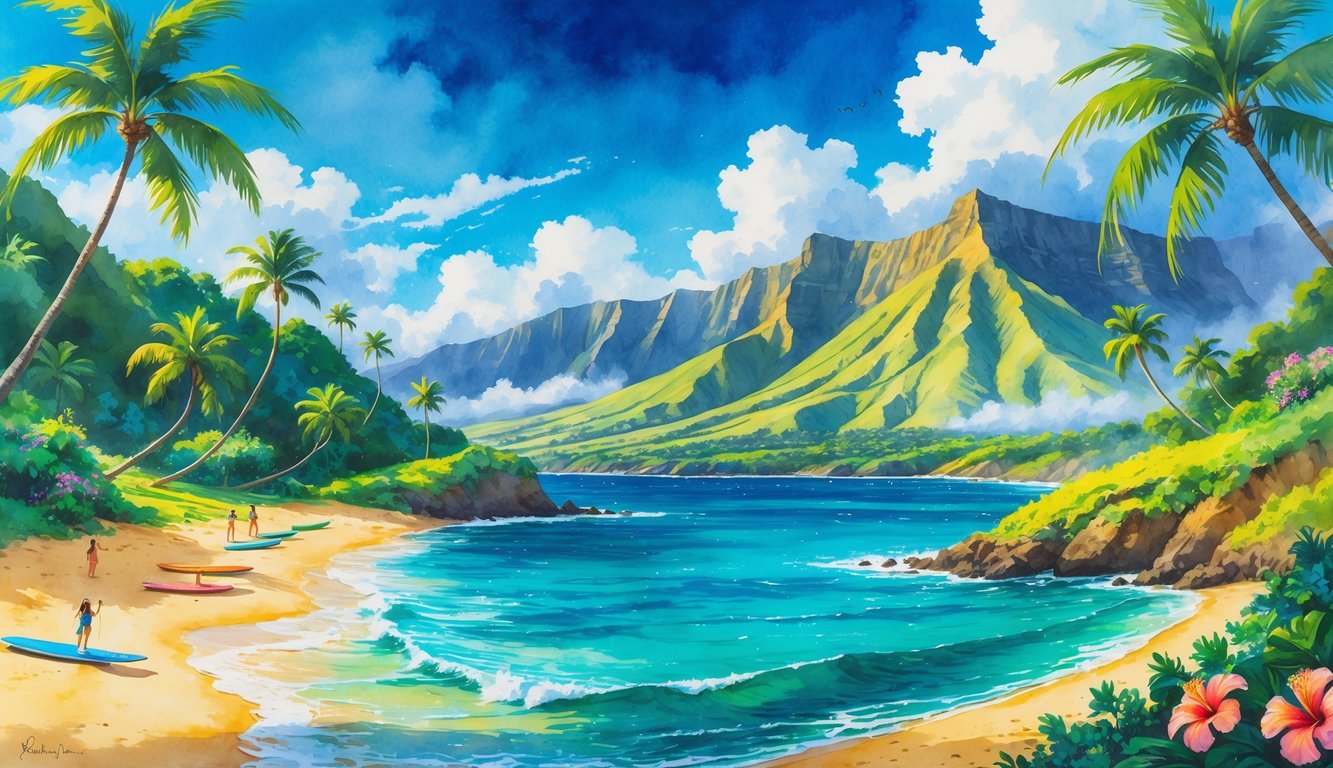 A tropical Hawaiian beach with palm trees, ocean waves, hikers on a trail, colorful flowers, and volcanic mountains in the background under a clear sky.