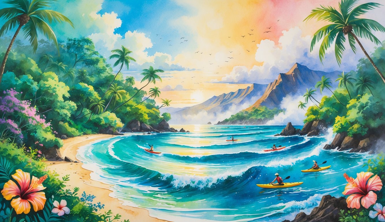 A scenic view of Hawaii showing tropical forests, beaches with surfers, calm waters with kayakers, and volcanic mountains with hikers, illustrating different outdoor adventure seasons.