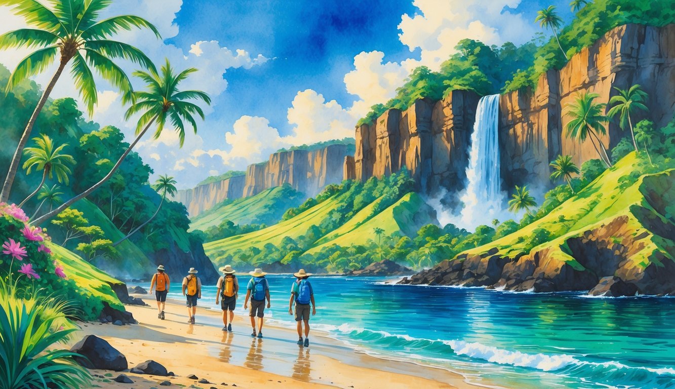 A tropical Hawaiian landscape with hikers on a trail, palm trees, a waterfall, and a beach with clear blue water under a sunny sky.