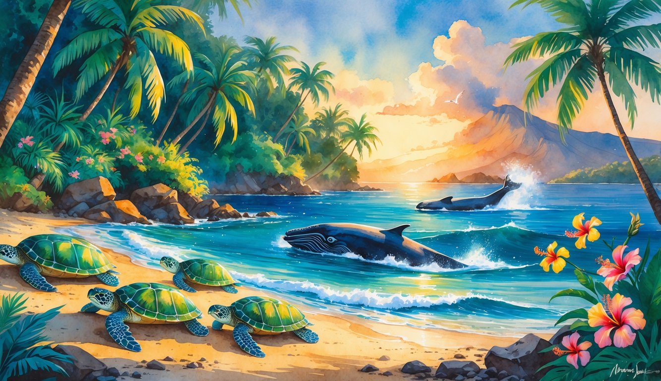 A tropical Hawaiian scene with sea turtles on a rocky shore, colorful birds in trees, a whale breaching in the ocean, and a volcano in the distance under a partly cloudy sky.