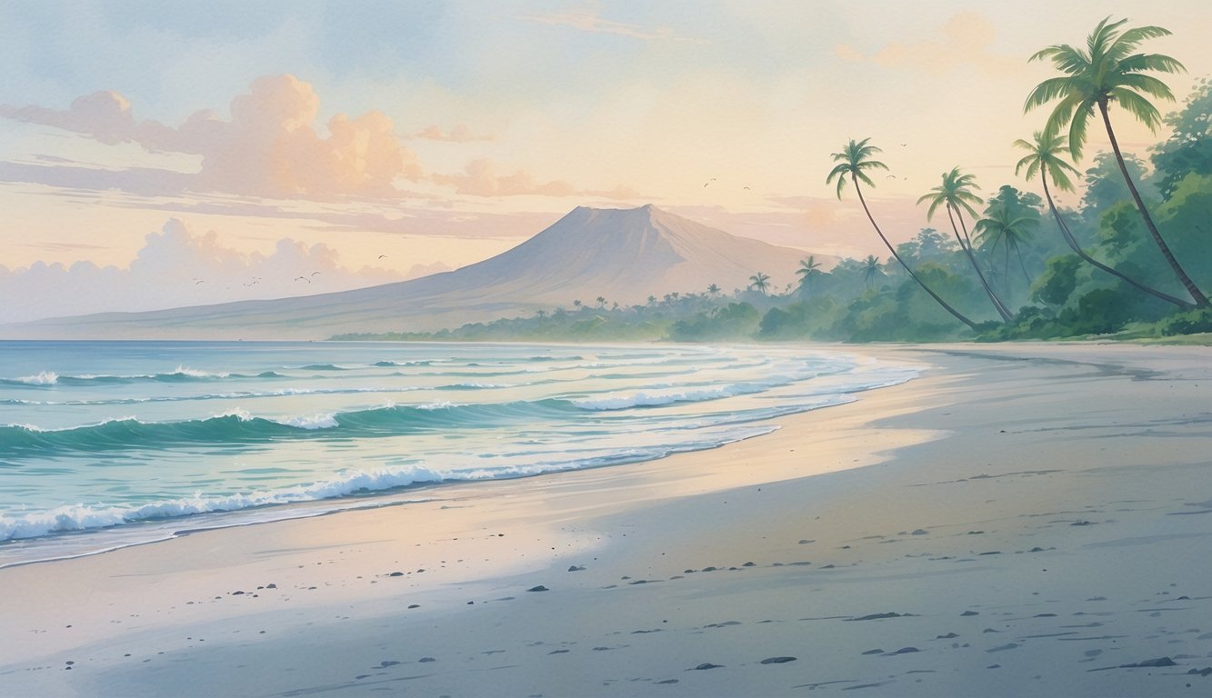 A quiet Hawaiian beach with gentle waves, palm trees, and a distant volcanic mountain under a soft morning sky.