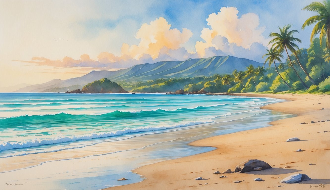 A peaceful Hawaiian beach with gentle waves, palm trees, and distant mountains under a partly cloudy sky.