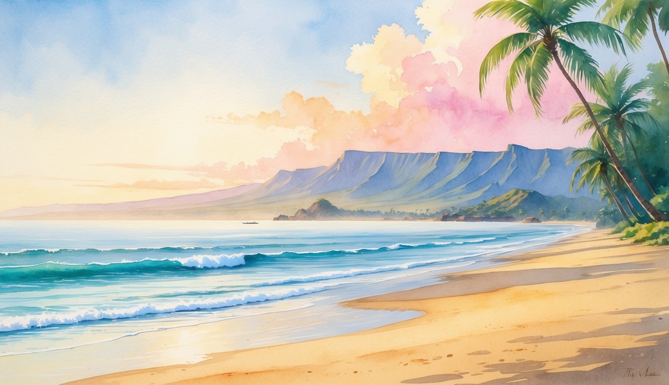 A peaceful Hawaiian beach with palm trees, gentle waves, and distant mountains under a colorful sky at sunrise or sunset, with no people present.