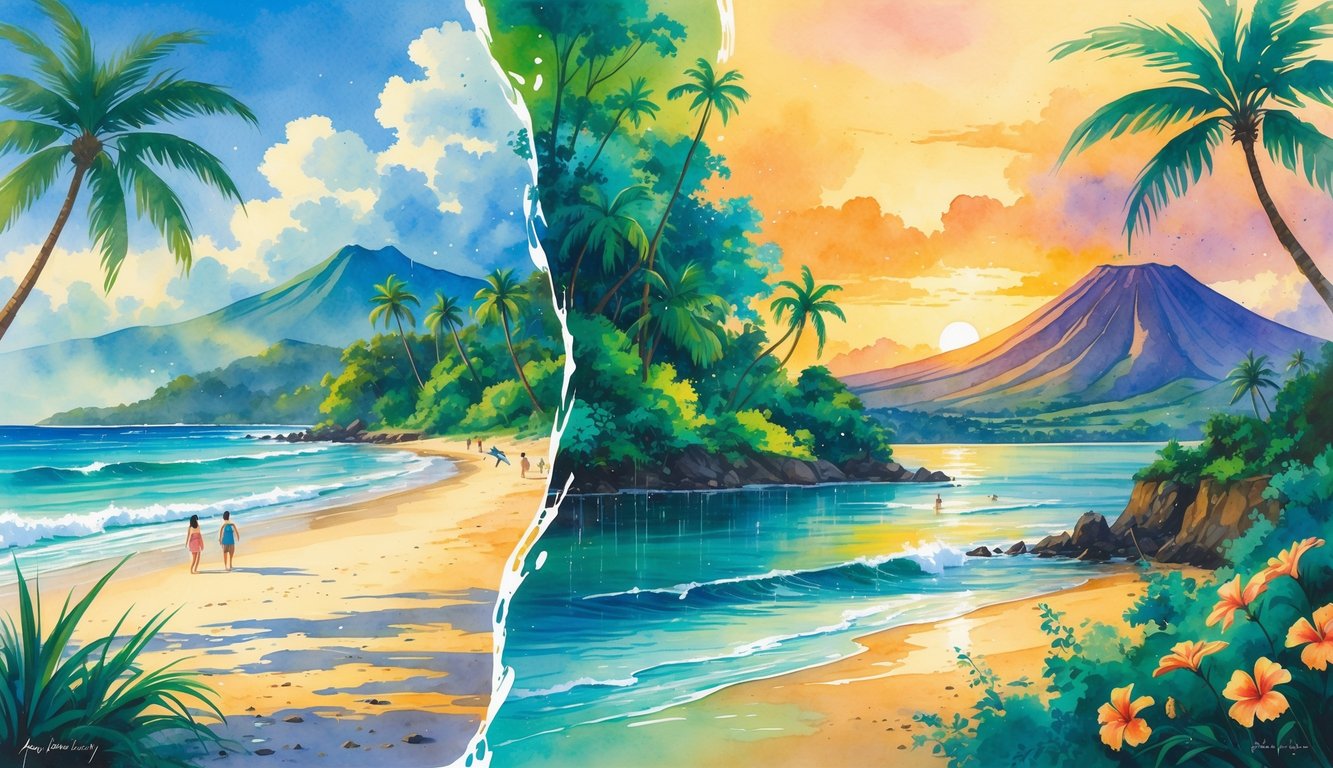 A peaceful Hawaiian landscape showing a sunny beach, a rainy tropical forest, a volcanic mountain at sunset, and a breezy coastal area with flowers and hikers.