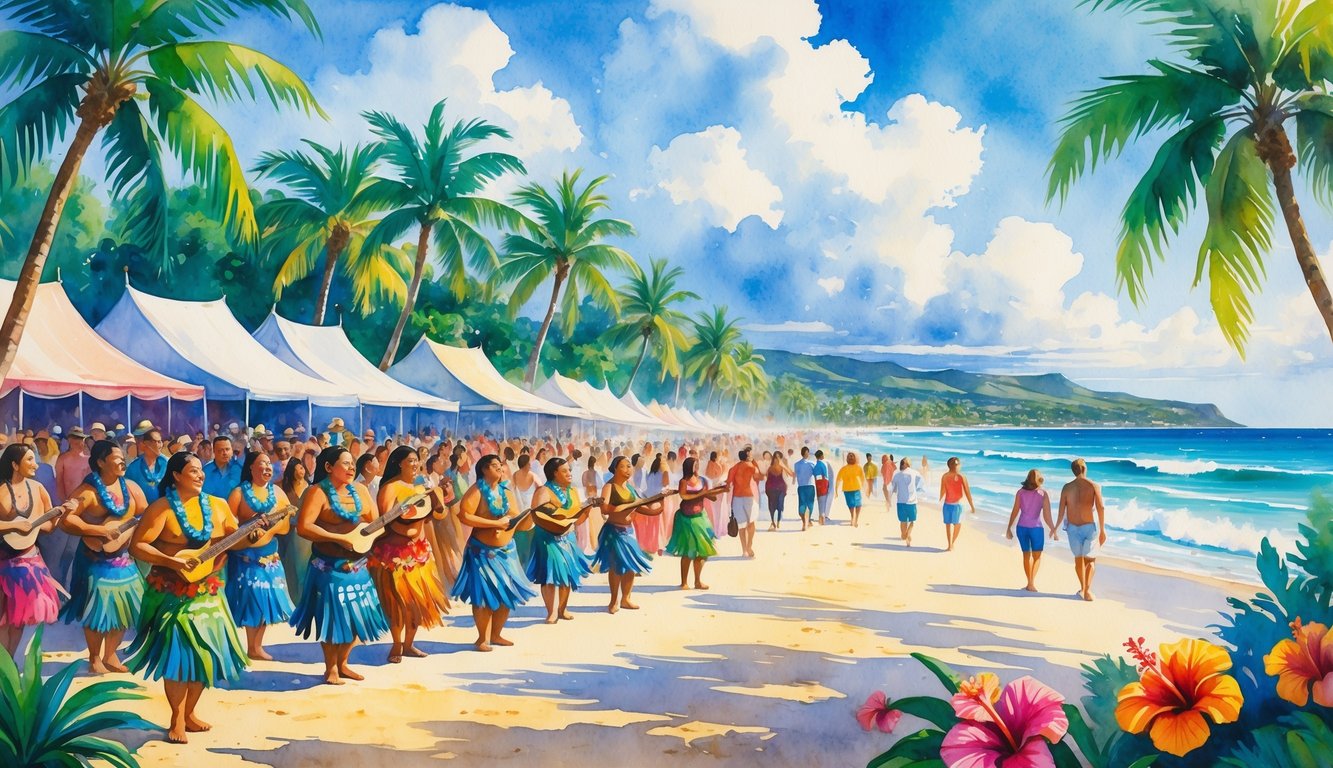 A lively Hawaiian festival with dancers, musicians, and a crowd near palm trees and flowers, alongside a quiet beach with a few visitors.