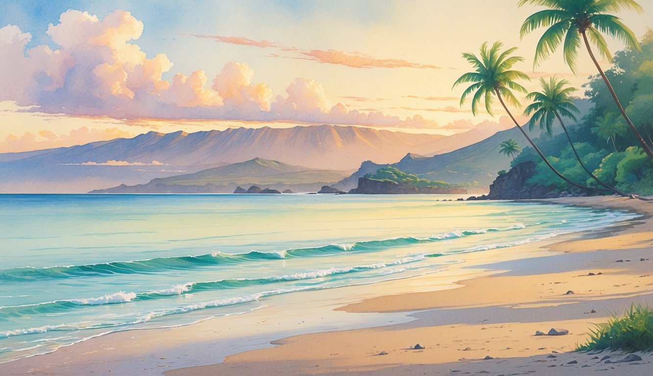 A peaceful Hawaiian beach at sunrise with calm ocean waves, empty sandy shore, palm trees, and distant mountains.