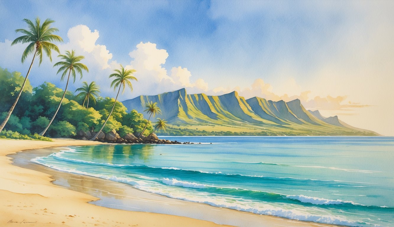 A peaceful Hawaiian island with palm trees, sandy beach, calm turquoise water, and distant volcanic mountains under a clear sky.