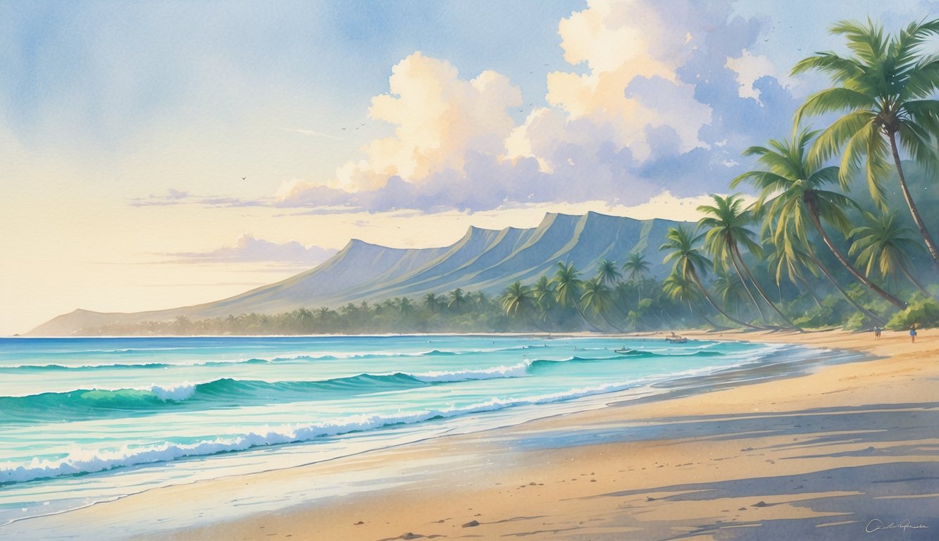 A peaceful Hawaiian beach with palm trees, gentle waves, and distant mountains under a soft sky, with very few people present.