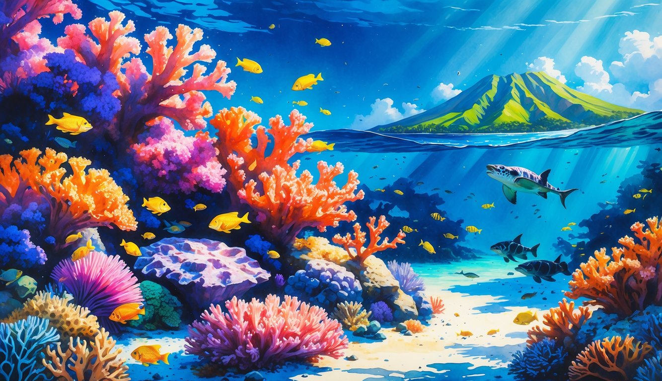 Underwater scene showing colorful coral reefs with various tropical fish, sea turtles, and a distant Hawaiian island visible above the water.