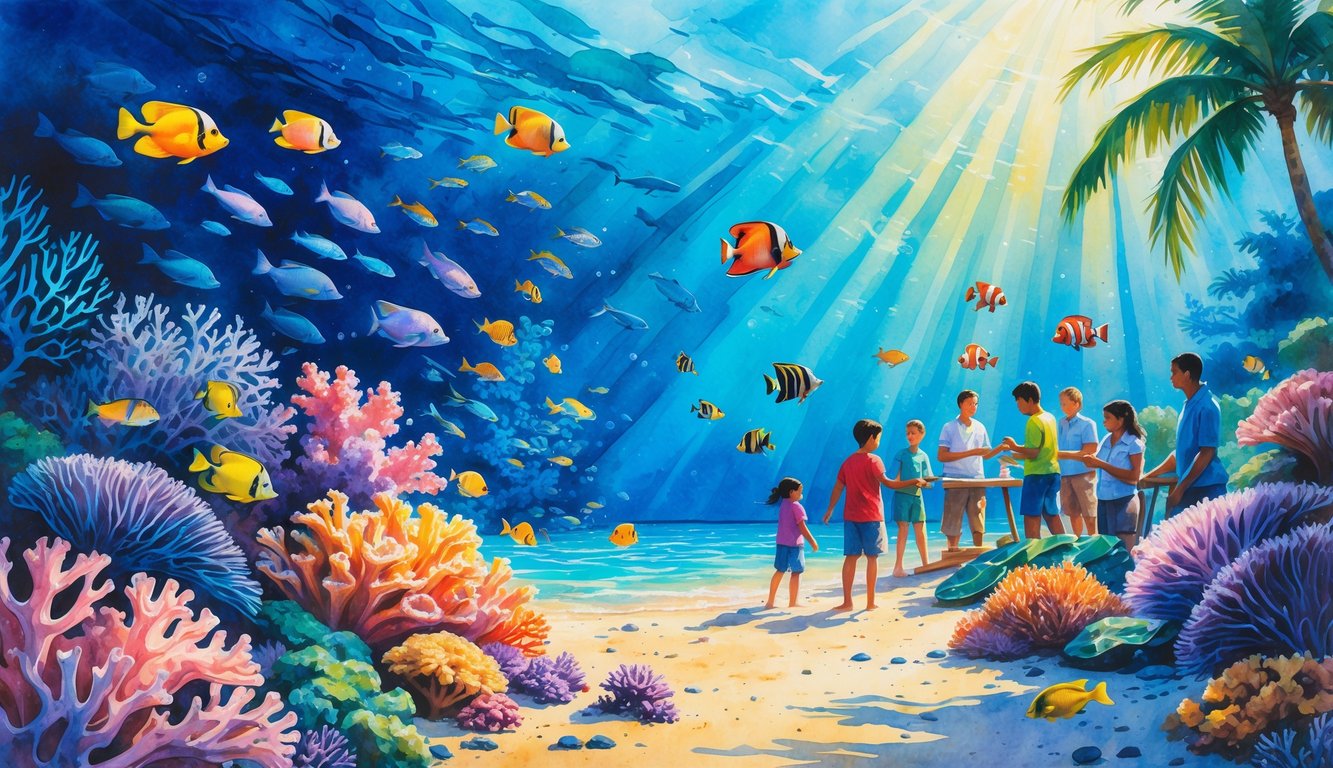 A colorful underwater coral reef with various tropical fish swimming, and people on a nearby beach learning about marine life surrounded by Hawaiian plants.