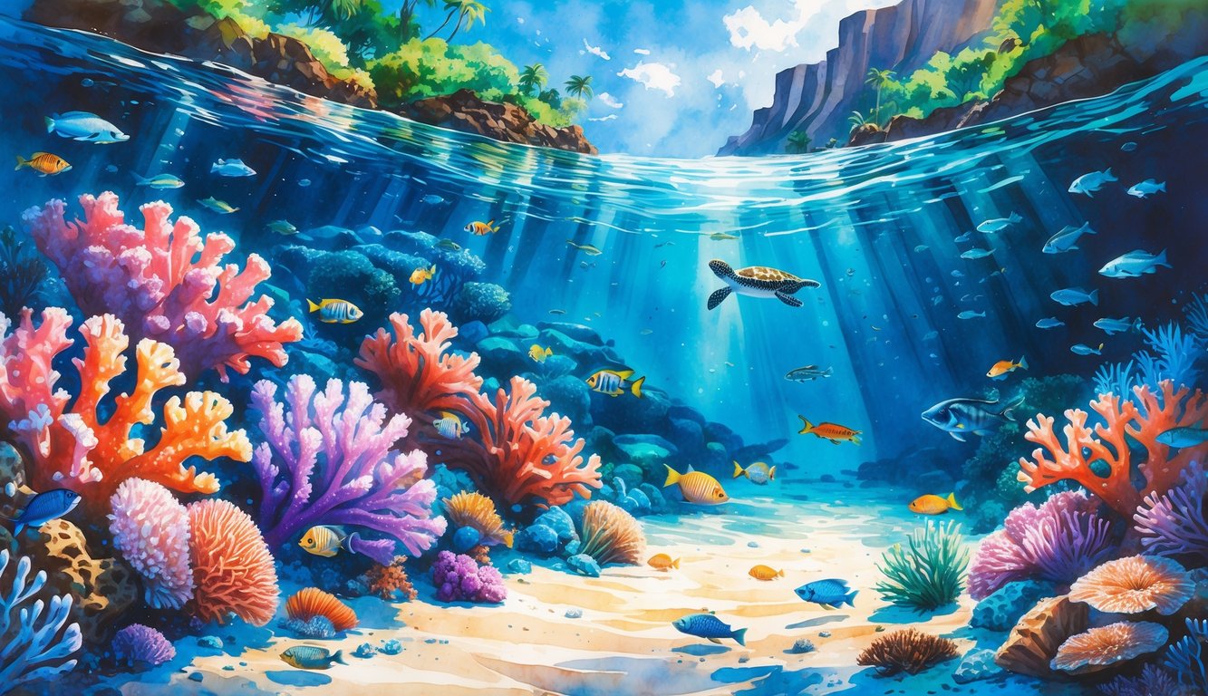 Underwater scene of a colorful coral reef with tropical fish, sea turtles, and clear water near a Hawaiian coastline.