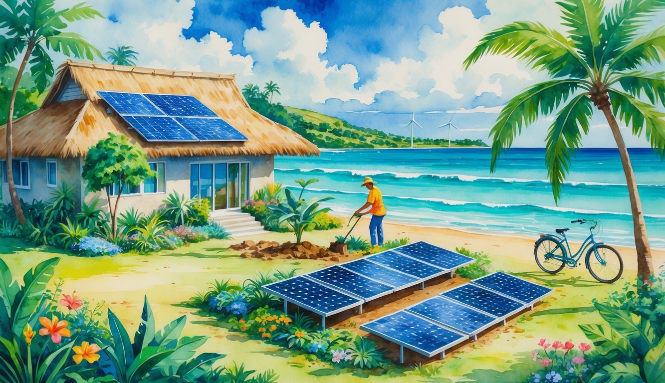 A Hawaiian landscape showing a person planting a tree near a house with solar panels, a bicycle by a palm tree, a beach with clear water, and a wind turbine on a hill.