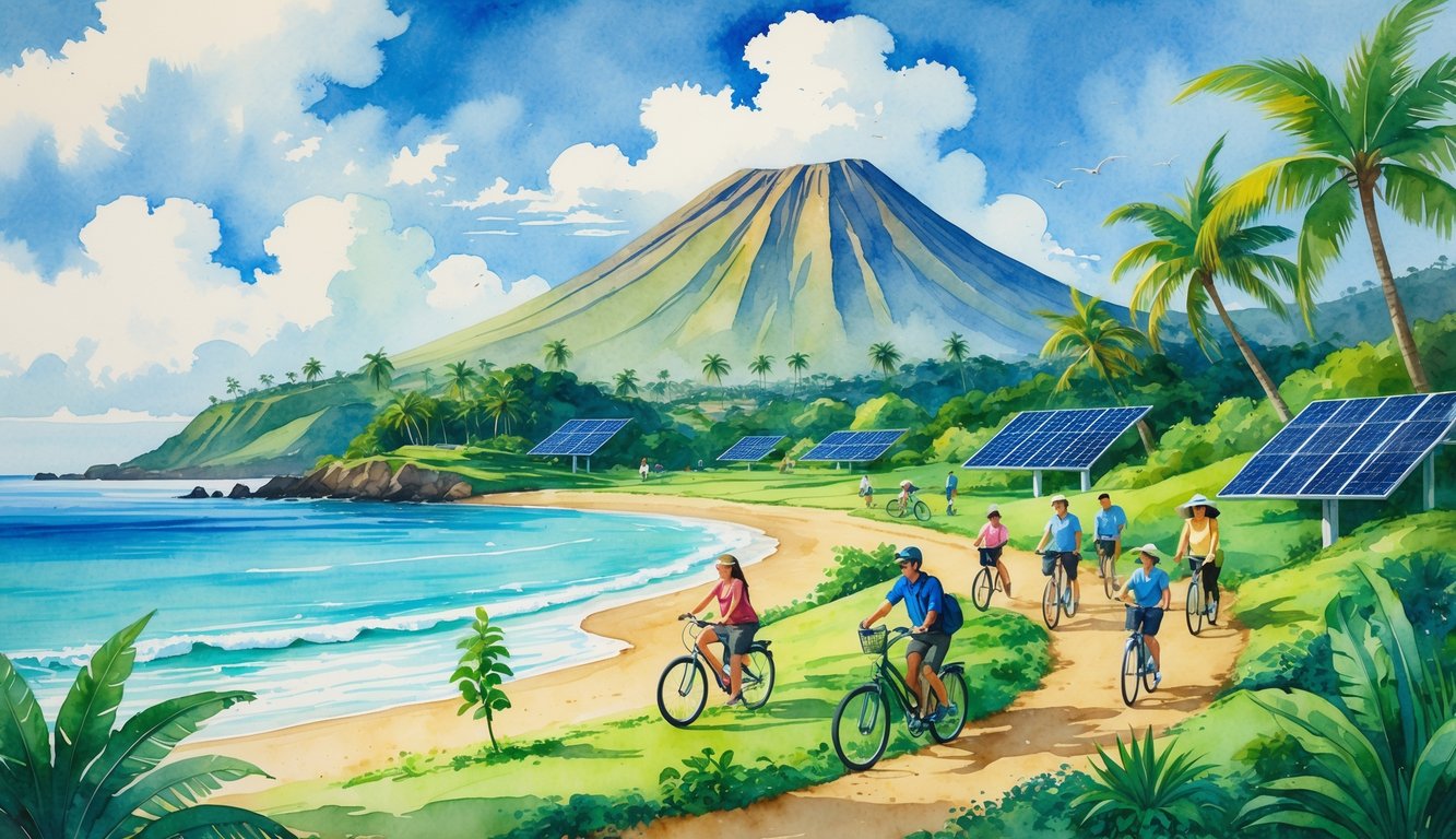A Hawaiian beach scene with palm trees, a volcanic mountain, ocean waves, and people planting trees and riding bicycles along the coast.