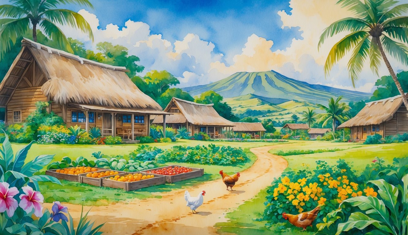 A peaceful Hawaiian farm with wooden houses, tropical plants, animals, hills, and mountains under a blue sky.