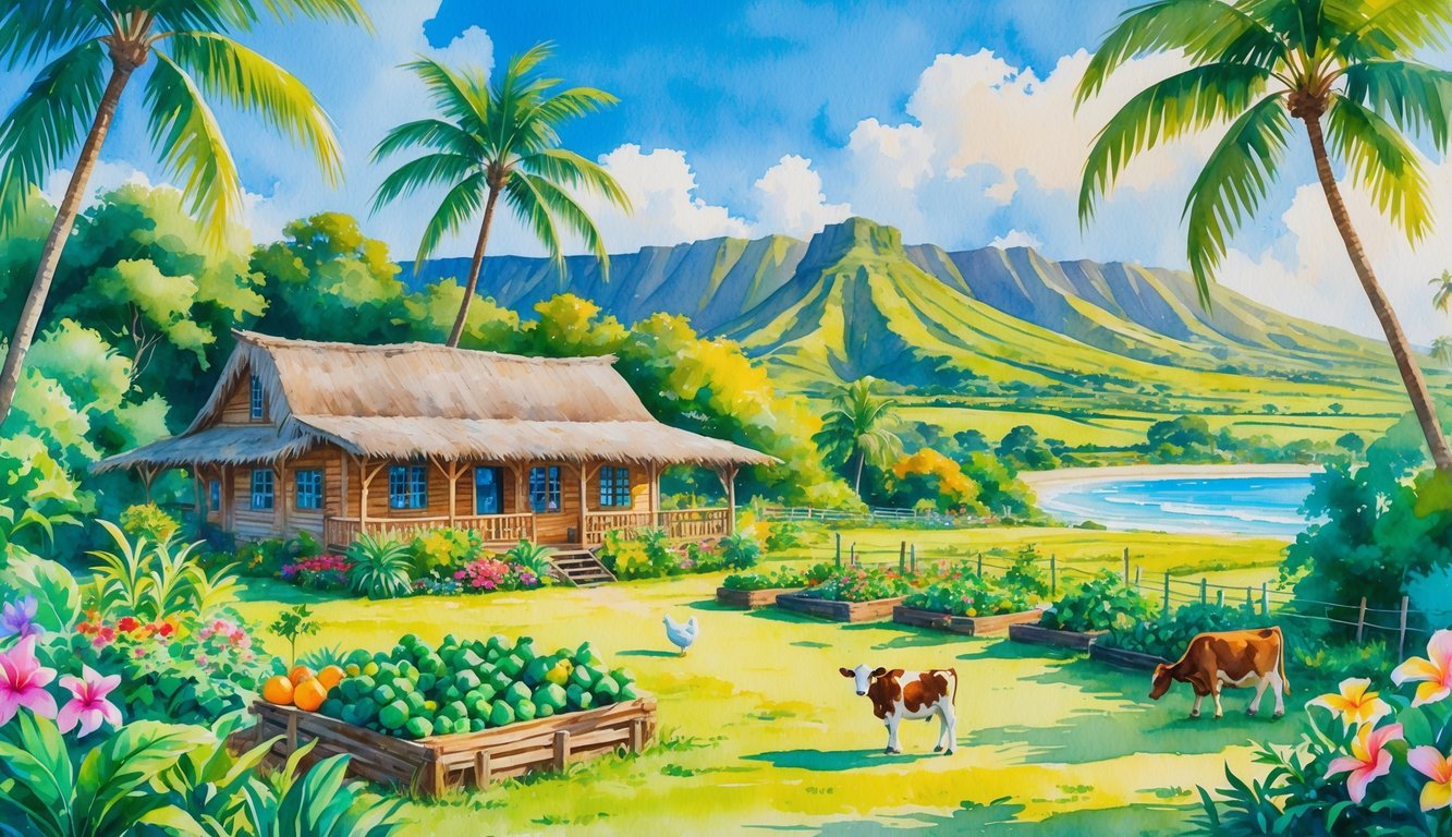 A peaceful Hawaiian farm with a wooden farmhouse, tropical plants, palm trees, animals, hills, and ocean in the background.