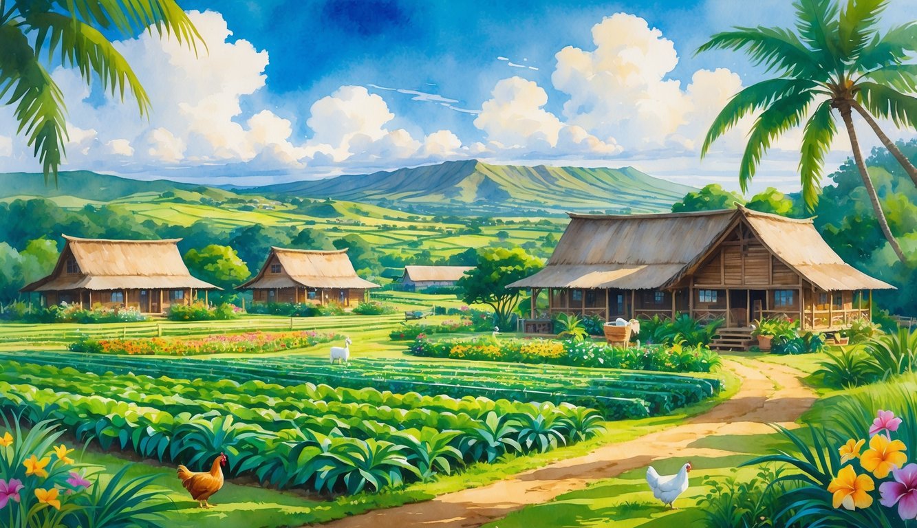 A peaceful farm on the Big Island of Hawaii with green fields, tropical plants, traditional farmhouses, animals, and distant volcanic mountains.